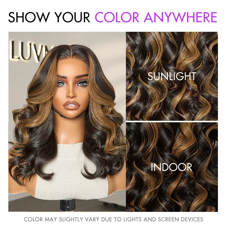 Luvme Hair PreMax Blonde Mix Black 5x5 HD Lace Closure Wig with loose waves, large and small cap options, glueless style
