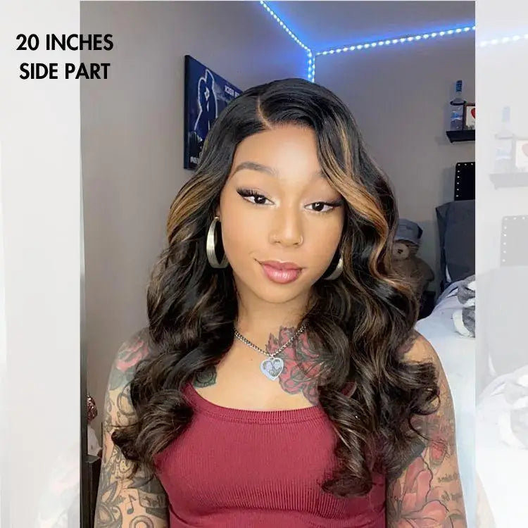 Luvme Hair PreMax Blonde Mix Black 5x5 HD lace closure wig with loose waves, glueless design, large and small cap options.