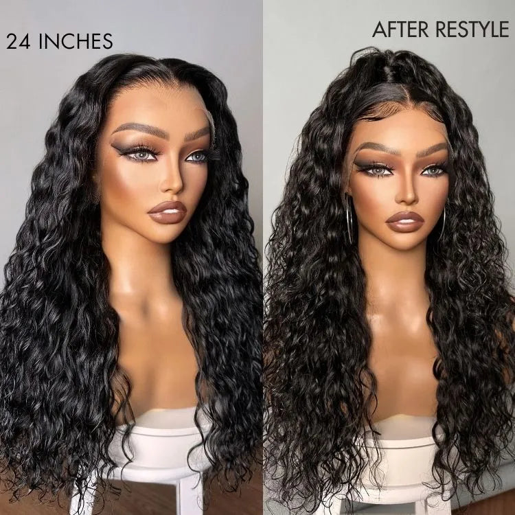 Luvme 13x4 frontal lace wig with water wave HD human hair, glueless, pre-cut lace, and 180% density, styled in natural waves.