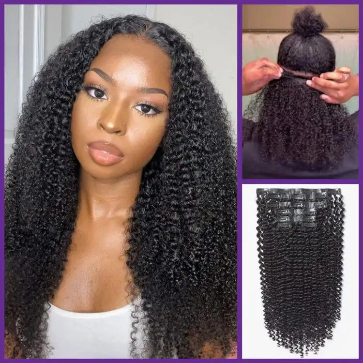 Kinky Curly Luvme Hair seamless clip-in hair extensions, real human hair, 9pcs with free gift, lightweight 135g, natural curly texture.