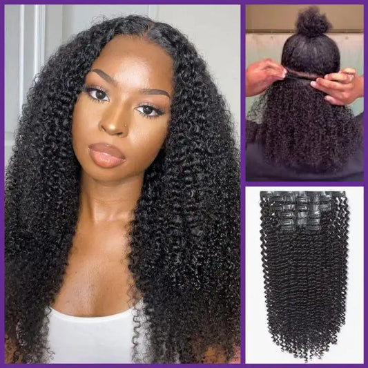 Kinky Curly Luvme Hair seamless clip-in hair extensions, real human hair, 9pcs with free gift, lightweight 135g, natural curly texture.