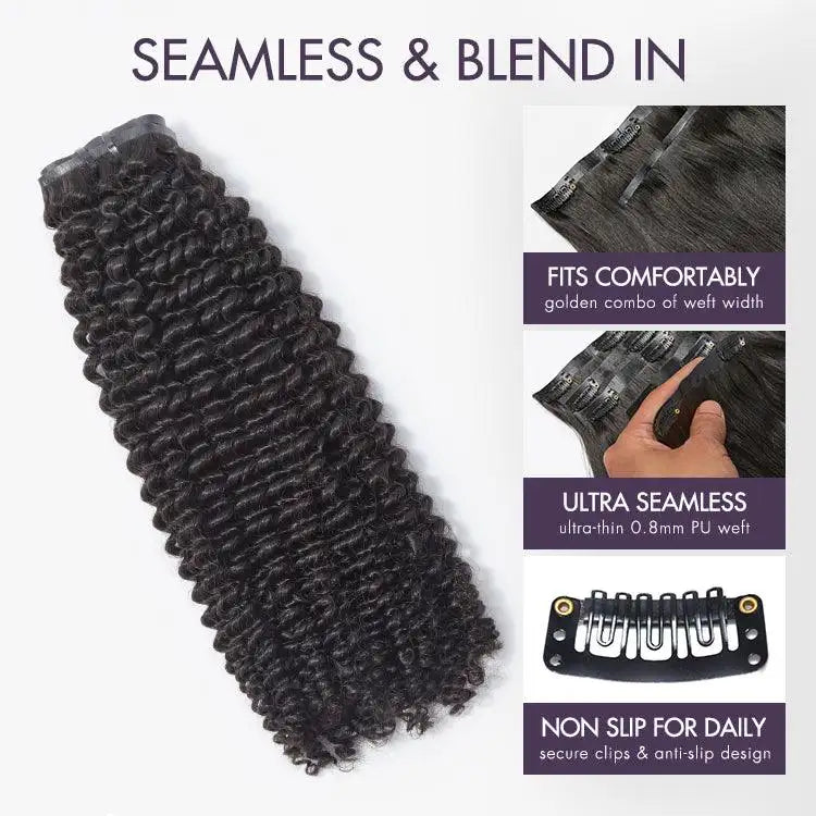 Kinky Curly seamless clip-in human hair extensions by Luvme Hair, showing the textured curly hair clips and extensions.