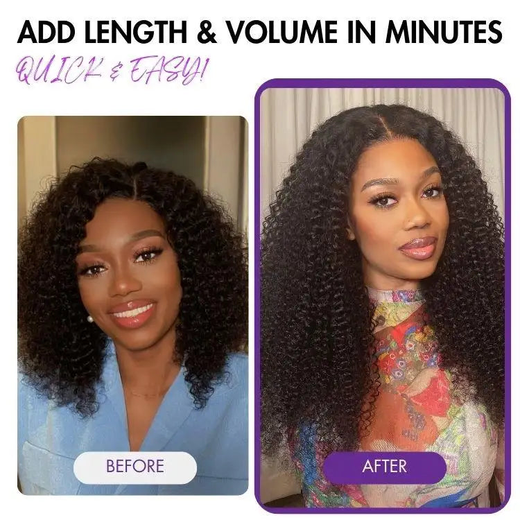 Kinky Curly seamless clip-in hair extensions by Luvme Hair, human hair, with a free gift, shown in natural kinky curly style.