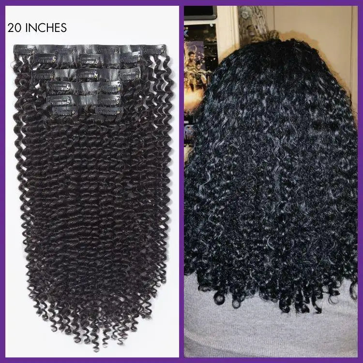Kinky Curly Seamless Clip-in Human Hair Extensions by Luvme Hair with a free gift, styled in natural curly texture