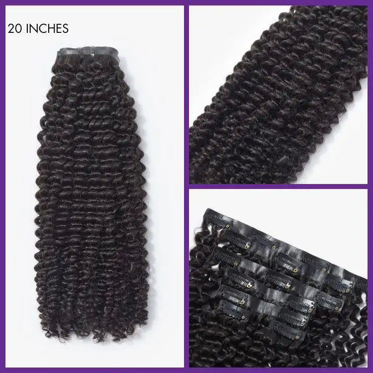 Luvme Hair Kinky Curly Seamless Clip-in Extensions made of real human hair, shown in 9-piece set with a free gift.