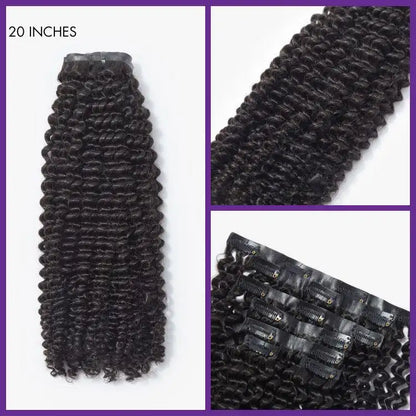 Luvme Hair Kinky Curly Seamless Clip-in Extensions made of real human hair, shown in 9-piece set with a free gift.