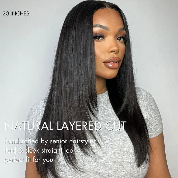 Luvme black 5x5 closure lace wig with layered cut, glueless design, 180% density, pre-plucked hairline, suitable for US customers