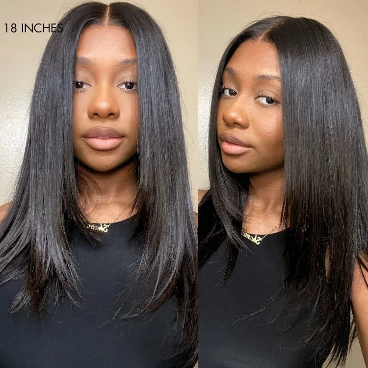 Black 5x5 lace closure wig by Luvme with layered cut, pre-plucked hairline, 180% density, glueless, and natural look.