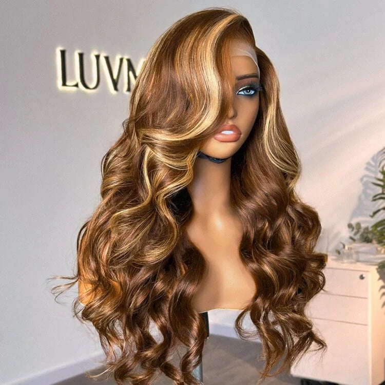 Golden blonde and natural black loose body wave 13x4 lace front wig by Luvme Hair, showcasing natural human hair with a glueless style.