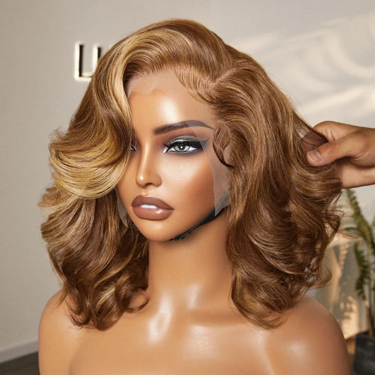 Luvme Hair golden blonde and natural black 13x4 lace front wig with loose body wave, glueless 100% human hair.