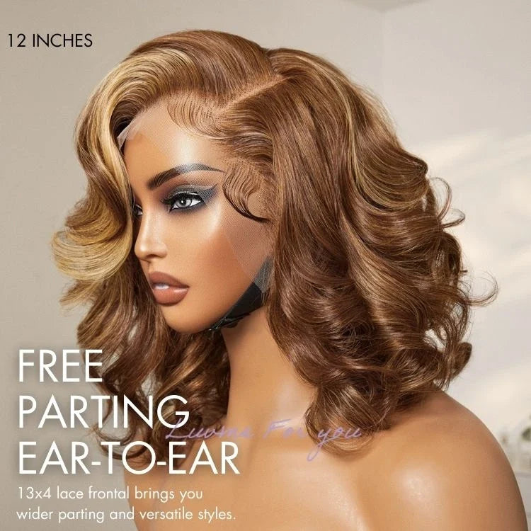 Luvme Hair 13x4 lace front wig with honey blonde and natural black loose body wave, 100% human hair, glueless frontal style