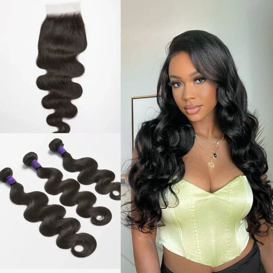 Upgraded Brazilian Body Wave hair bundles with 5x5 HD lace closure from Luvme Hair, showcasing shiny, natural-looking hair extensions.
