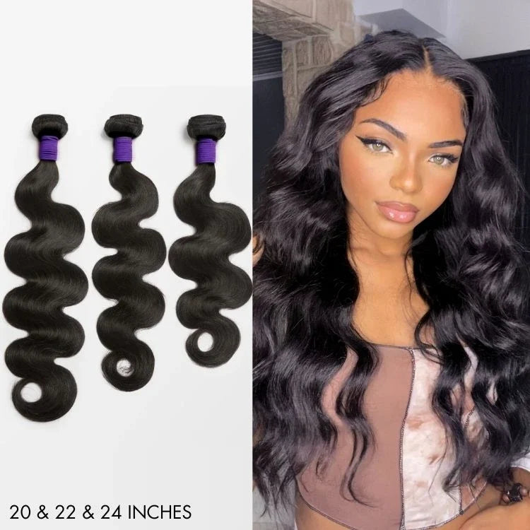 Upgraded Brazilian body wave hair extensions with three bundles and a 5x5 HD lace closure by Luvme Hair, displayed on a mannequin head.