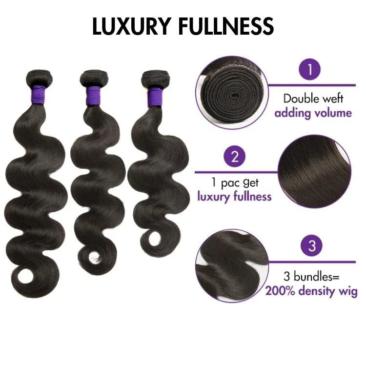 Upgraded Brazilian body wave hair bundles with 5x5 HD lace closure from Luvme Hair, showcasing silky, wavy hair and lace closure detail.