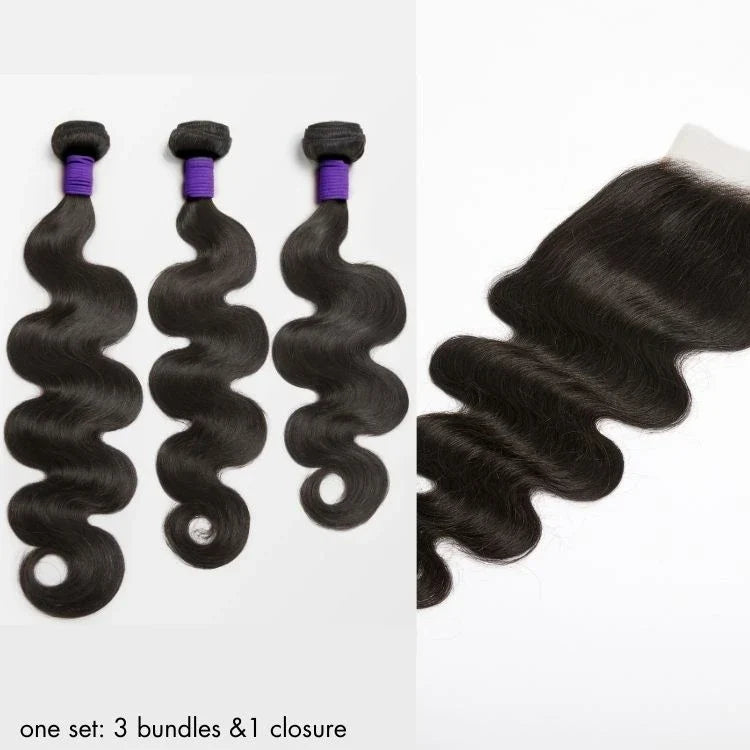 Upgraded Brazilian body wave hair extensions with 5x5 HD lace closure, three bundles, by Luvme Hair, showcasing natural wave pattern.