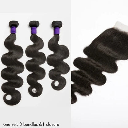Upgraded Brazilian body wave hair extensions with 5x5 HD lace closure, three bundles, by Luvme Hair, showcasing natural wave pattern.