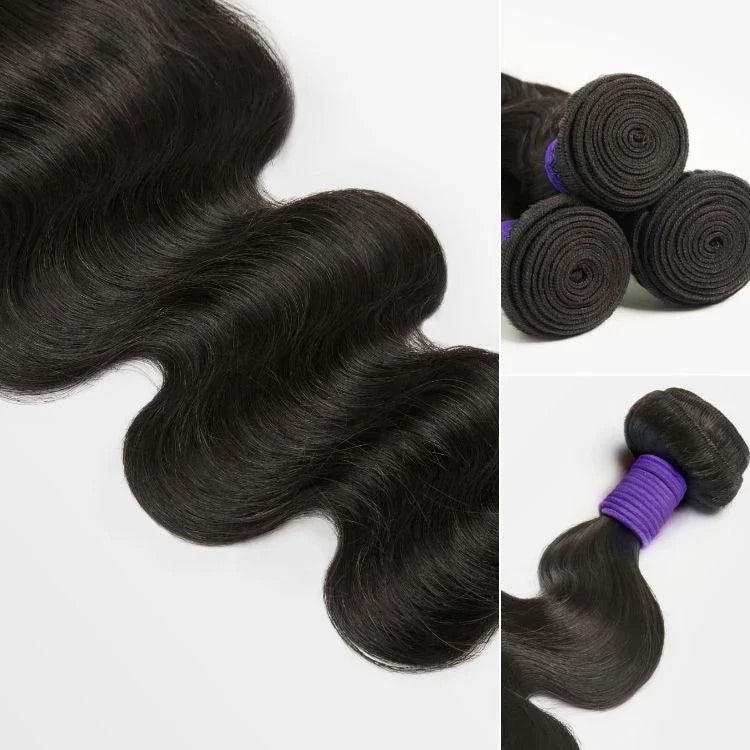 Upgraded Brazilian hair body wave 3 bundles with 5x5 HD lace closure from Luvme Hair, showcasing natural wave pattern and lace detail.