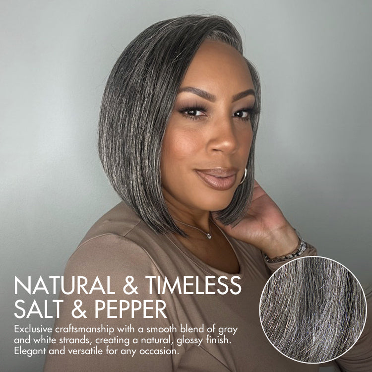 Luvme Hair AiryFit™ Salt and Pepper Glueless HD Lace Bob Wig with pre-cut lace, minimalist style, and lightweight scalp care design.