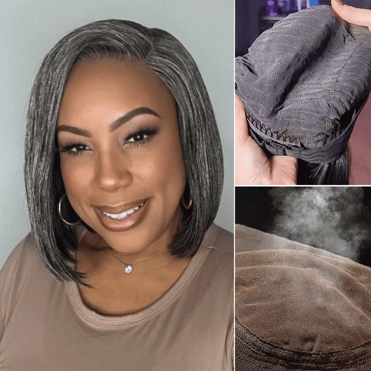 Luvme Hair AiryFit™ Salt and Pepper HD Lace Bob Wig with pre-cut lace, minimalistic style, glueless design, scalp care focus.