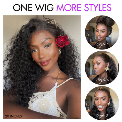 Luvme Hair PreMax Water Wave Flexi-Fit 360 lace wig with long curly hair, drawstring cap, and pre-cut lace for natural look