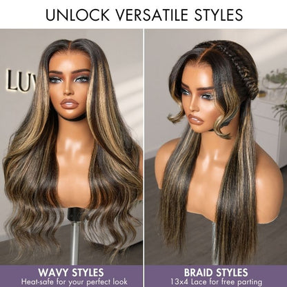 Luvme Hair PreMax blonde highlight silky straight 13x4 lace frontal wig with glueless long design and pre-cut lace.