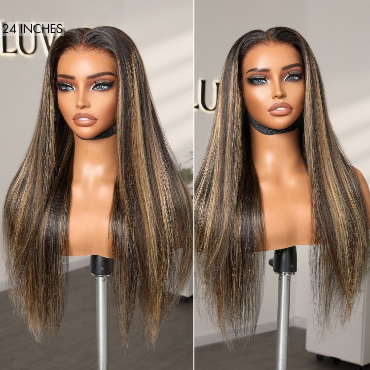 Blonde highlight silky straight 13x4 frontal lace wig by Luvme Hair, glueless long wig with pre-cut lace and natural parting