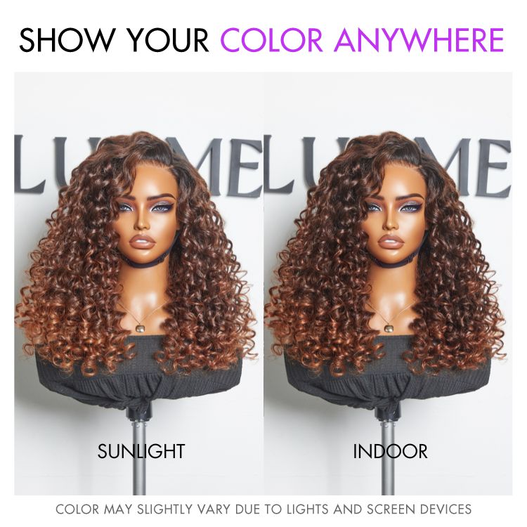 Luvme Hair ombre copper brown water wave 7x6 closure lace wig with HD lace, styled with natural parting and voluminous waves.