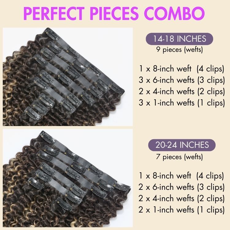 Luvme Highlights Silky Straight, Kinky Curly, Deep Wave clip-in human hair extensions, 135g, 9 or 7 pieces with free gift