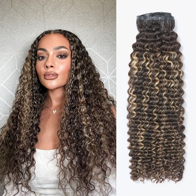 Luvme Highlights Silky Straight, Kinky Curly, Deep Wave clip-in human hair extensions, 135g, 9pcs with some styles displayed.