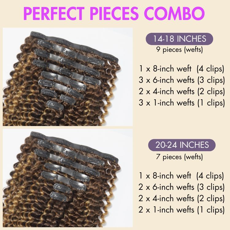 Luvme Highlights Silky Straight and Kinky Curly Human Hair Clip-in Extensions, 7 or 9 pieces with free gift