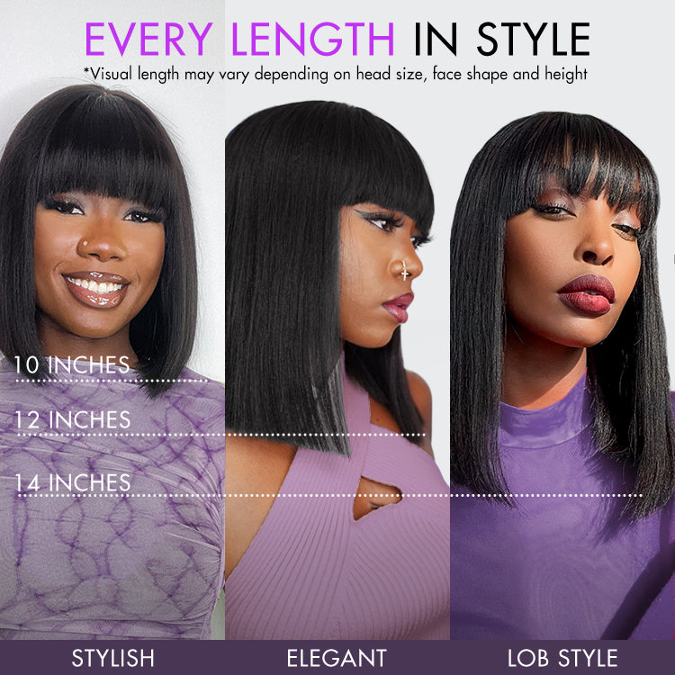 Ash blonde highlights with dark brown base Yaki blunt cut bob wig featuring bangs, glueless minimalist lace from Luvme Hair.