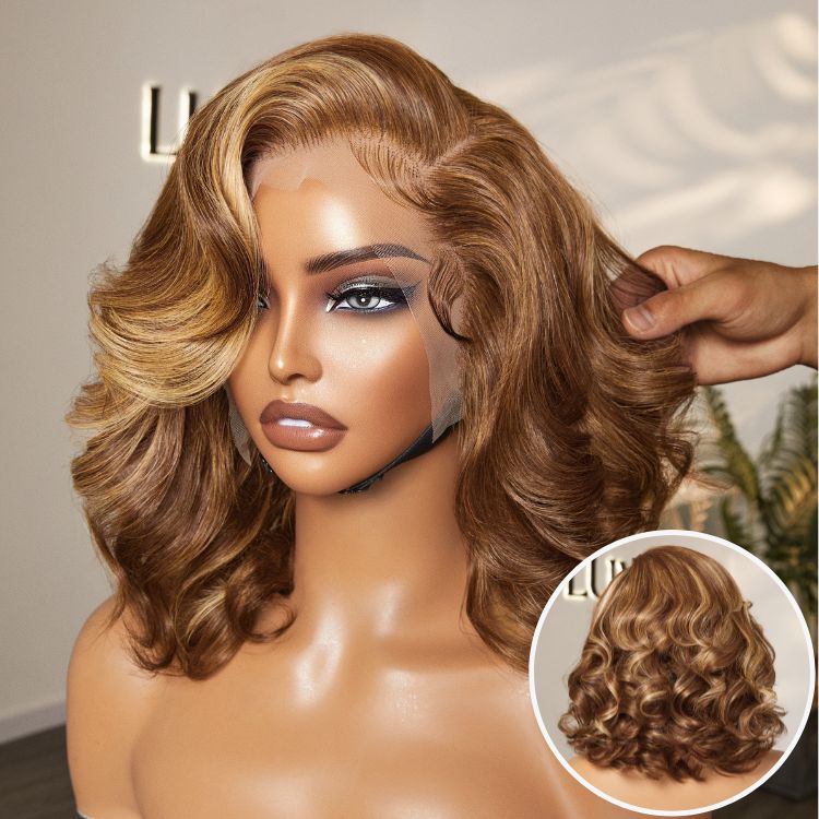 Luvme Hair PreMax Honey Brown with Blonde Highlights 13x6 frontal lace wig with bouncy body wave, glueless human hair style.
