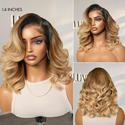 Luvme Hair PreMax Wigs 13x4 blonde lace frontal wig with loose waves and ombre color, glueless, pre-cut lace, natural hairline.