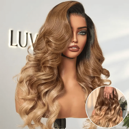 Luvme Hair PreMax Wigs blonde 13x4 frontal lace wig with loose waves, ombre color, glueless design, pre-cut lace, and natural hair texture.