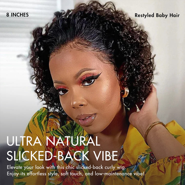 Luvme Hair ultra natural short curly wig with a slicked-back style, glueless ear-to-ear wide T lace front for a seamless look.