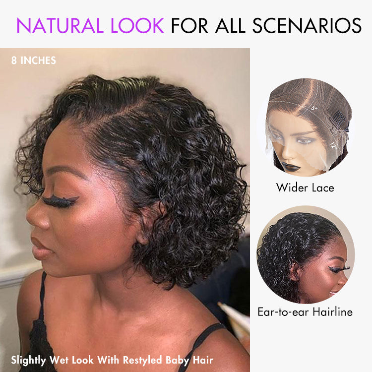 Luvme Hair ultra natural short curly wig with slicked back style, glueless ear-to-ear wide T lace front for a seamless fit.