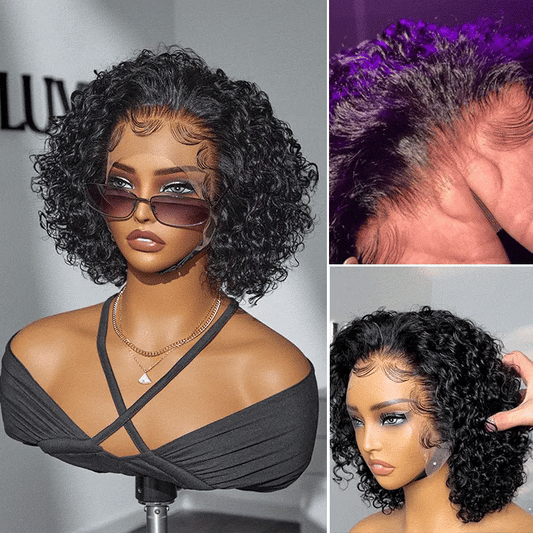 Luvme Hair ultra natural short curly wig with wide T lace front, slicked back style, glueless ear-to-ear design.