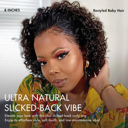 Brown highlight and jet black short curly lace wig with slicked back style, ear-to-ear wide T lace from Luvme Hair.