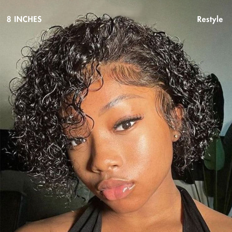 Brown highlight and jet black short cut curly lace wig by Luvme Hair, slicked back style with ear-to-ear wide T lace.
