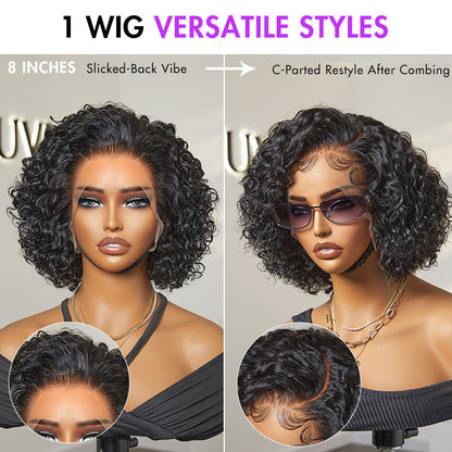 Luvme Hair brown highlight and jet black curly lace wig with short cut, slicked back style, ear-to-ear wide T lace.