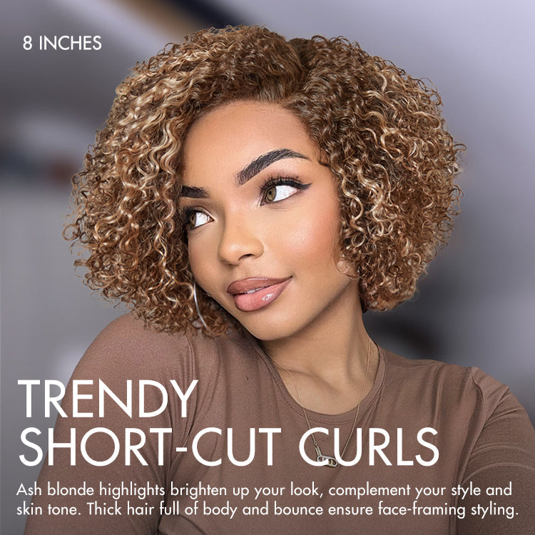 Luvme Hair ash blonde highlight short kinky curly wig with pre-cut HD lace, beginner-friendly, minimalist style, US only