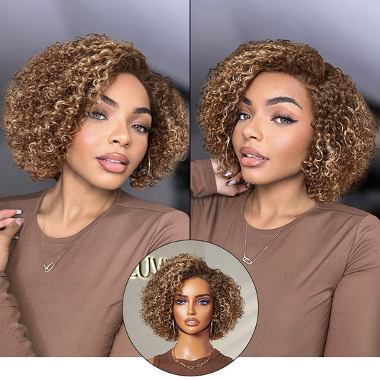 Luvme Hair ash blonde highlight short kinky curly wig with pre-cut HD lace, ideal for beginners and minimalist style.