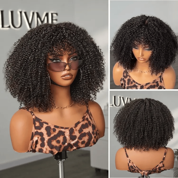 Luvme Hair breathable lace curly wig with bangs, minimalistic design, bouncy Jerry curl style, glueless for easy wear.