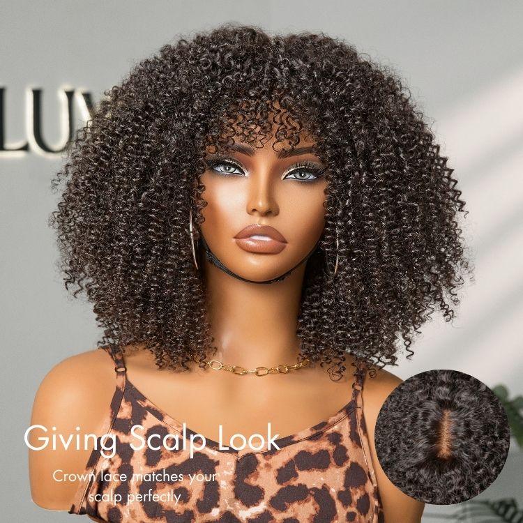 Luvme Hair breathable lace curly wig with bangs, minimalistic design, bouncy Jerry curls, glueless and ready to wear.