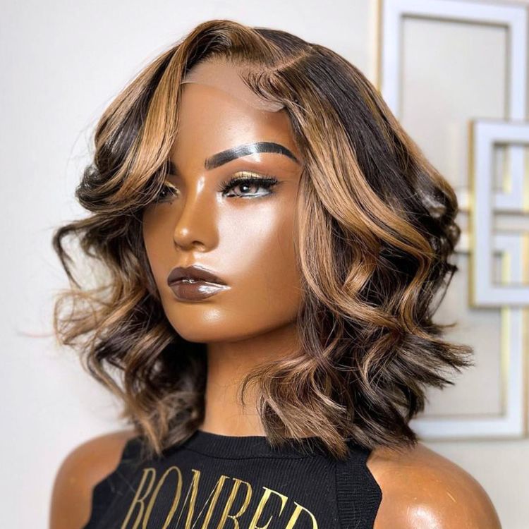 Luvme Blonde Mix Loose Wave 5x5 Closure HD Lace Glueless Side Part Short Wig, natural hair texture and lace detailing visible