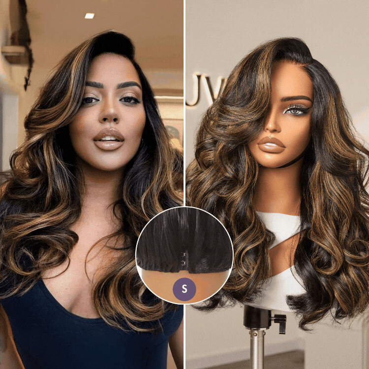 Luvme All-Day Comfort™ brown highlight loose body wave HD lace wig with pre-cut lace and 200% density, minimal glueless style.