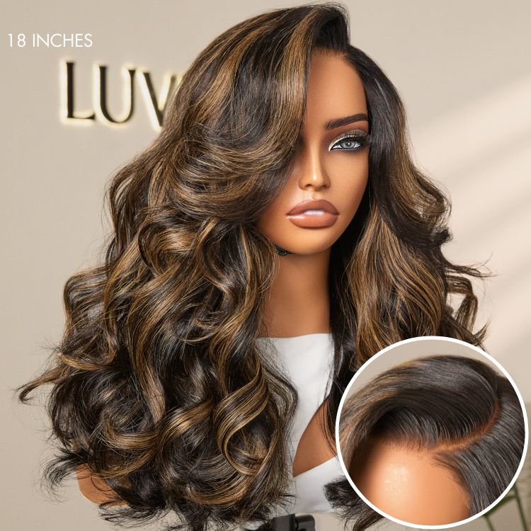 Luvme Hair All-Day Comfort™ wig with brown highlights, loose body wave, glueless HD lace, pre-cut lace, 200% density, minimalist style