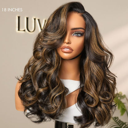 Luvme All-Day Comfort™ brown highlight loose body wave HD lace wig with pre-cut lace and 200% density, glueless and minimalist style.