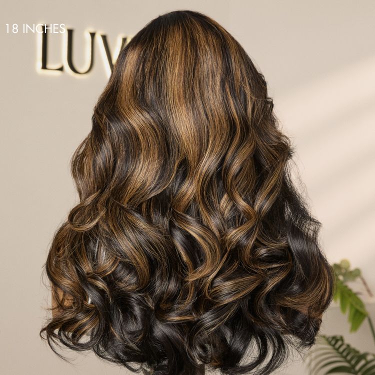 Luvme All-Day Comfort™ wig with loose body wave style, brown highlights, HD lace, pre-cut lace, and 200% density.