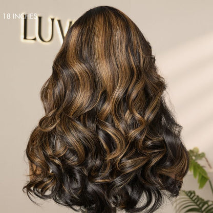 Luvme All-Day Comfort™ wig with loose body wave style, brown highlights, HD lace, pre-cut lace, and 200% density.